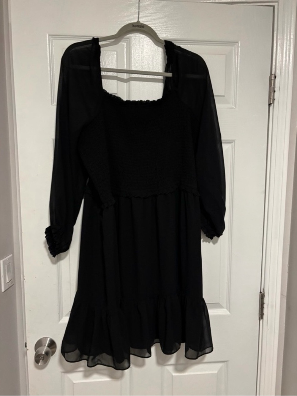 STATE Black Midi Dress with Sheer Long Sleeves